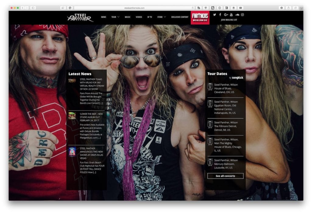 Neubau und Umzug der Website von Steel Panther (2016).