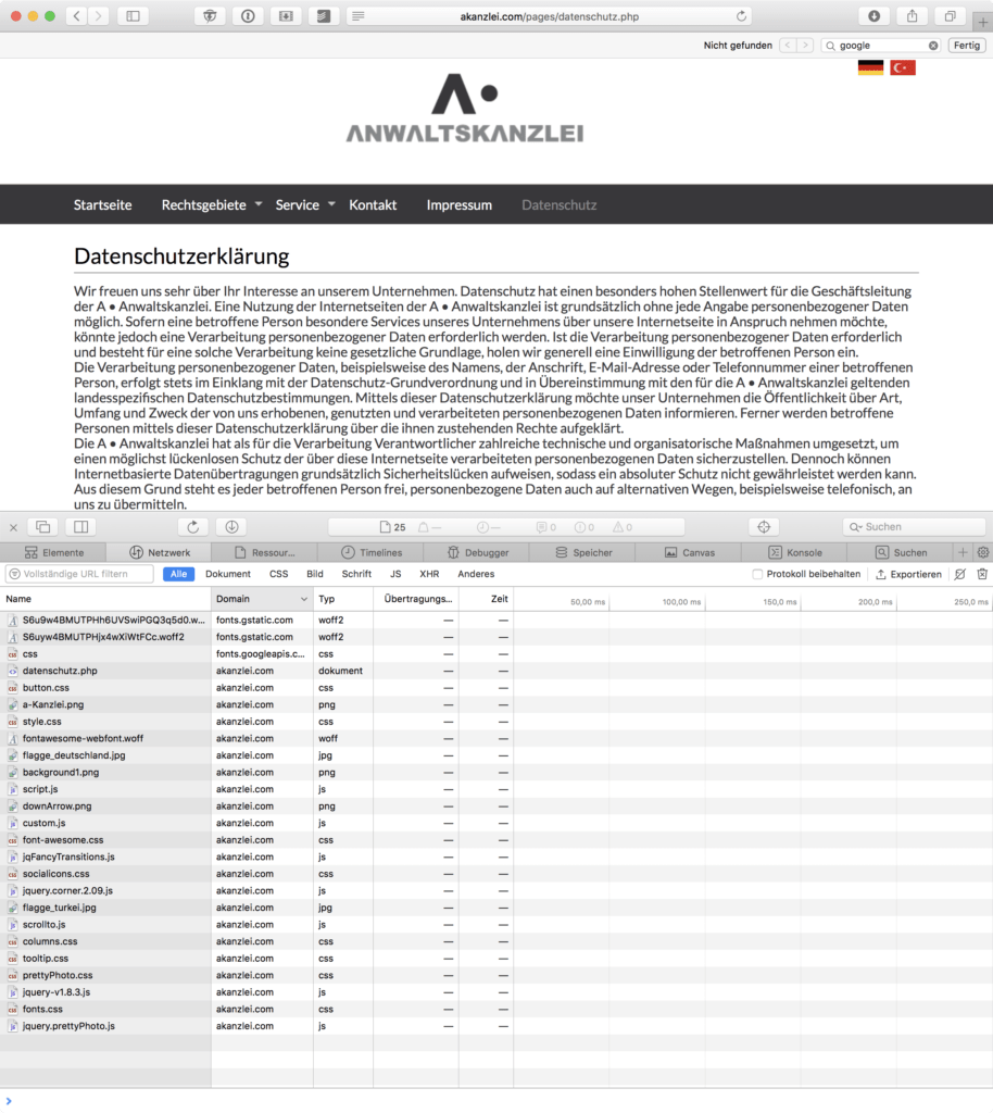 Screenshot akanzlei.com mit geöffneten Webdeveloper-Tools.