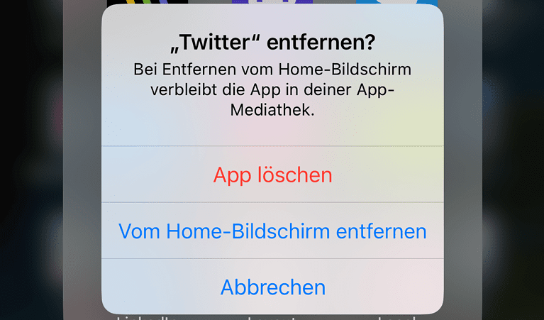 Bild zeigt den Bestätigungsdialog von iOS beim Löschen der Twitter App