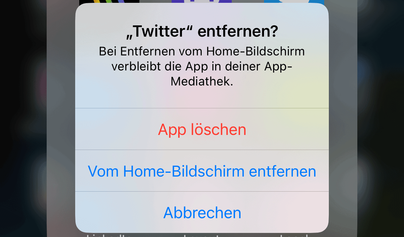 Bild zeigt den Bestätigungsdialog von iOS beim Löschen der Twitter App